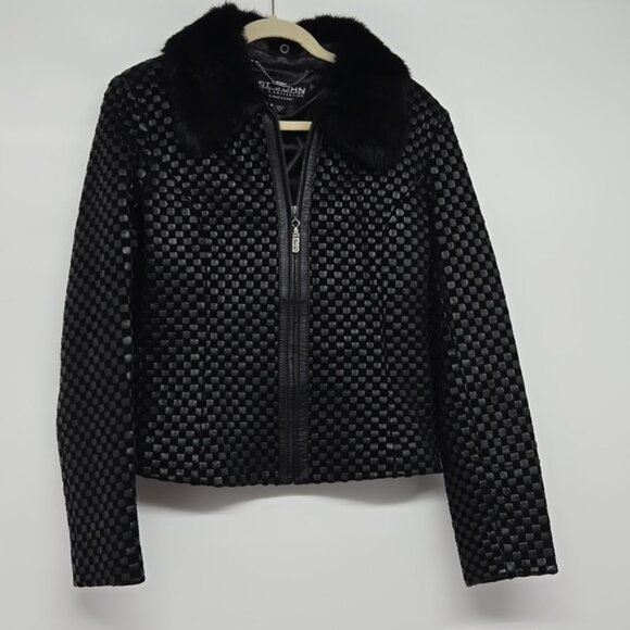 Vintage St. John Black Textured Women's Jacket With Rabbit Fur Collar Zipper M - Picture 4 of 16